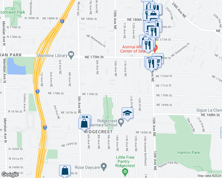 map of restaurants, bars, coffee shops, grocery stores, and more near 17017 10th Avenue Northeast in Shoreline