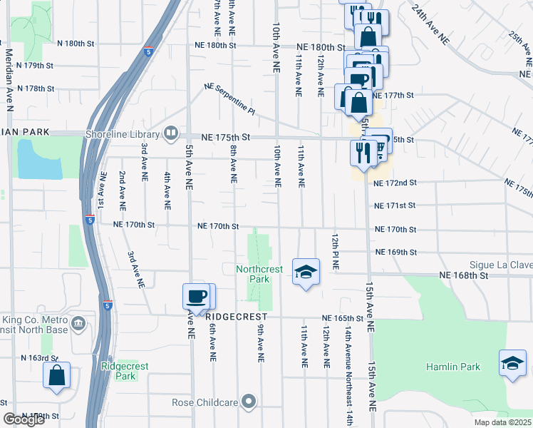 map of restaurants, bars, coffee shops, grocery stores, and more near 17017 10th Avenue Northeast in Shoreline