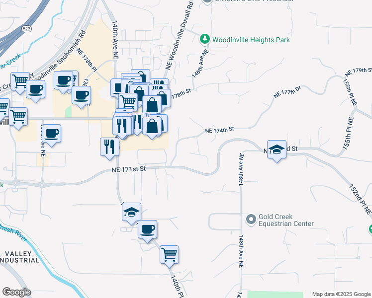 map of restaurants, bars, coffee shops, grocery stores, and more near 14418 Northeast 173rd Street in Woodinville