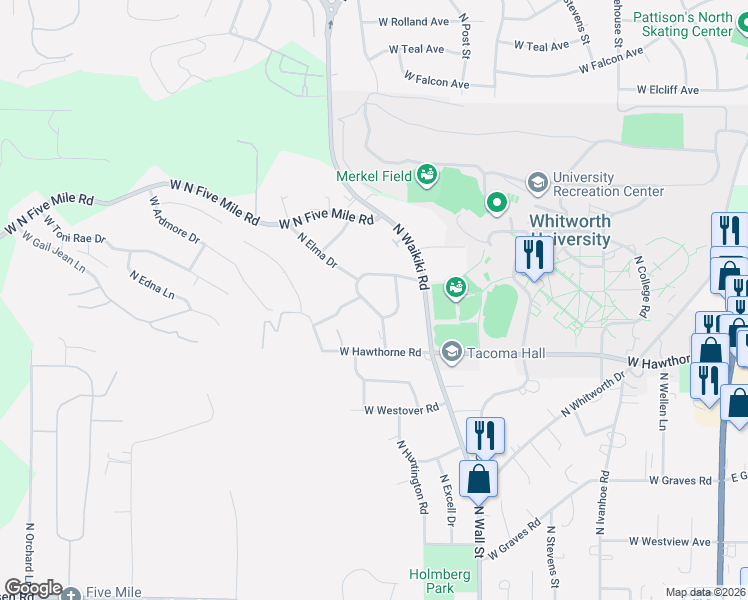 map of restaurants, bars, coffee shops, grocery stores, and more near 10410 North College Circle in Spokane