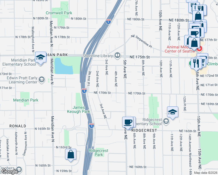 map of restaurants, bars, coffee shops, grocery stores, and more near 308 Northeast 170th Street in Shoreline