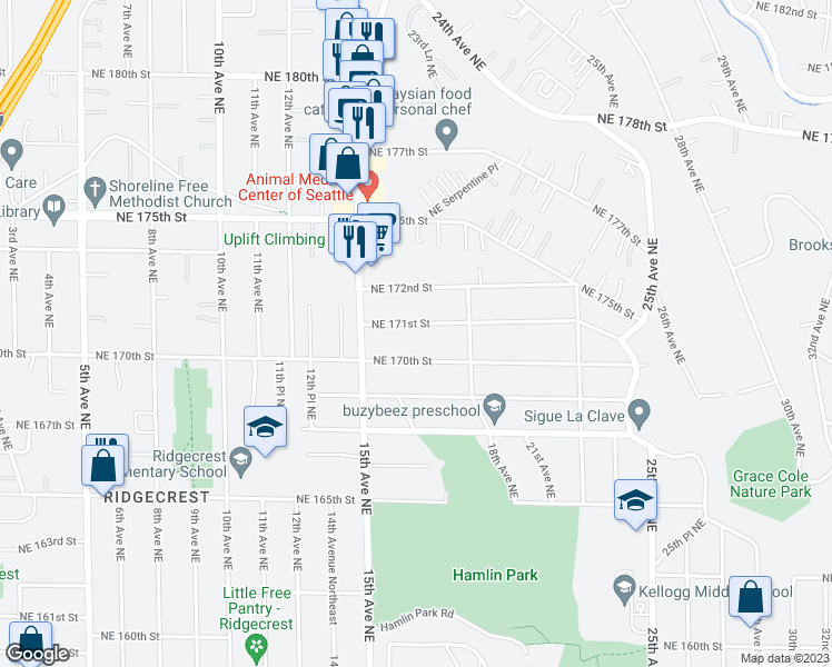 map of restaurants, bars, coffee shops, grocery stores, and more near 1547 Northeast 171st Street in Shoreline