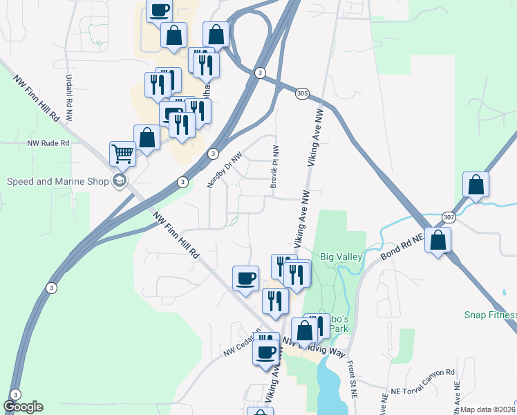 map of restaurants, bars, coffee shops, grocery stores, and more near 559 Northwest Arendal Way in Poulsbo