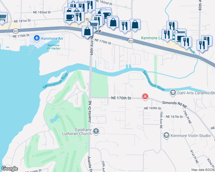 map of restaurants, bars, coffee shops, grocery stores, and more near 17099 70th Avenue Northeast in Kenmore