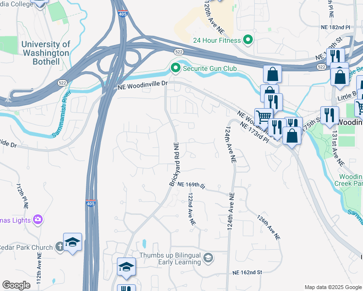 map of restaurants, bars, coffee shops, grocery stores, and more near 12113 Northeast 171st Place in Bothell