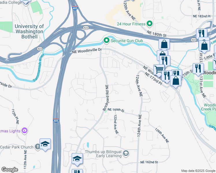 map of restaurants, bars, coffee shops, grocery stores, and more near 12113 Northeast 171st Place in Bothell