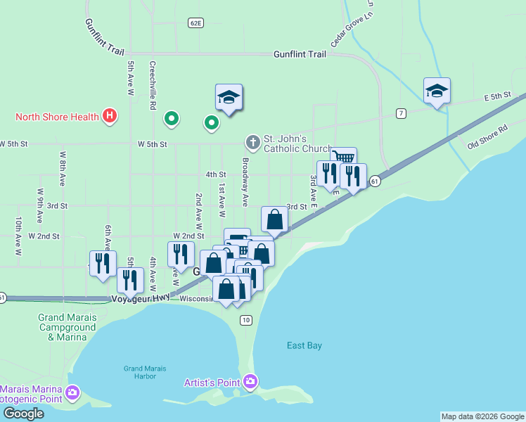 map of restaurants, bars, coffee shops, grocery stores, and more near 210 1st Avenue East in Grand Marais