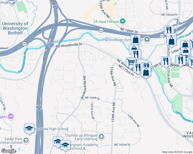 map of restaurants, bars, coffee shops, grocery stores, and more near 12116 Northeast 172nd Place in Bothell