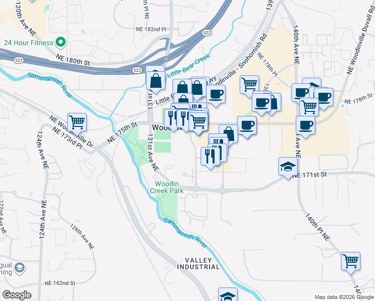 map of restaurants, bars, coffee shops, grocery stores, and more near 17301 133rd Avenue Northeast in Woodinville