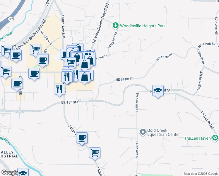 map of restaurants, bars, coffee shops, grocery stores, and more near 14418 Northeast 173rd Street in Woodinville