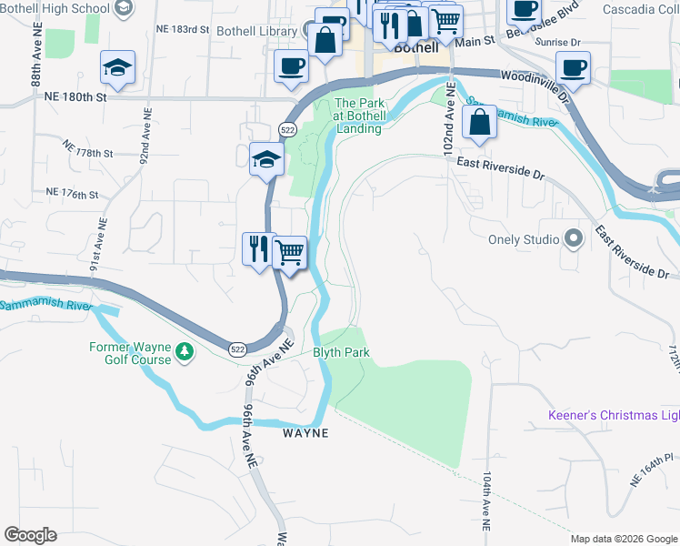 map of restaurants, bars, coffee shops, grocery stores, and more near 17209 West Riverside Drive in Bothell