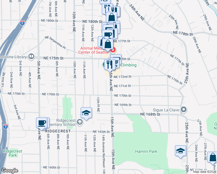 map of restaurants, bars, coffee shops, grocery stores, and more near 17030 14th Avenue Northeast in Shoreline