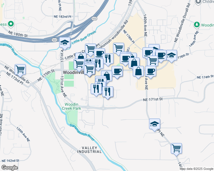 map of restaurants, bars, coffee shops, grocery stores, and more near 17320 135th Avenue Northeast in Woodinville