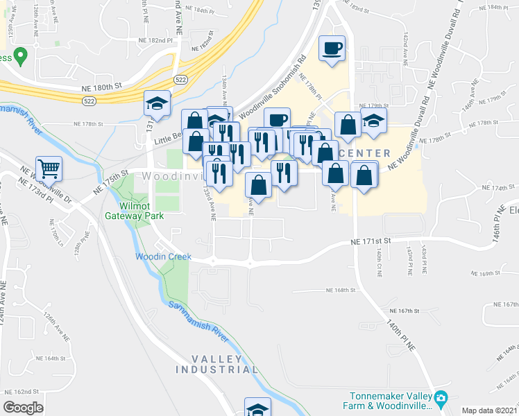map of restaurants, bars, coffee shops, grocery stores, and more near 17320 135th Avenue Northeast in Woodinville