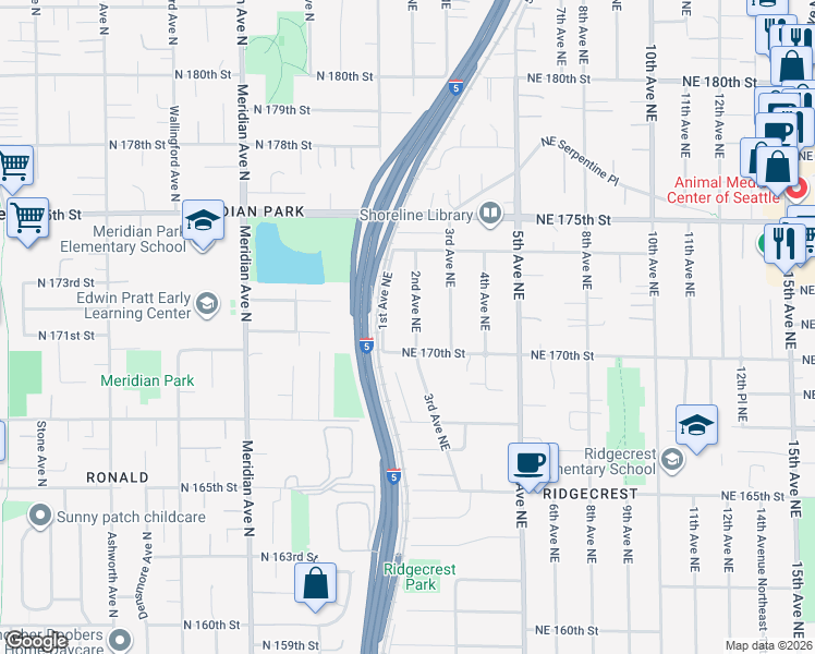 map of restaurants, bars, coffee shops, grocery stores, and more near 17010 2nd Avenue Northeast in Shoreline