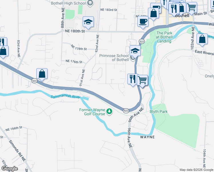map of restaurants, bars, coffee shops, grocery stores, and more near 9303 Northeast 173rd Street in Bothell