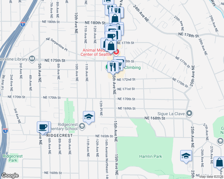 map of restaurants, bars, coffee shops, grocery stores, and more near 17030 14th Avenue Northeast in Shoreline