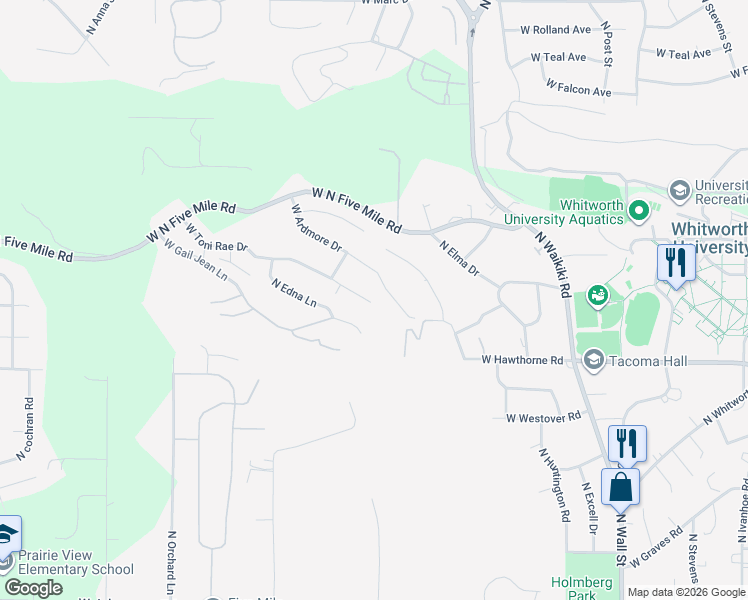 map of restaurants, bars, coffee shops, grocery stores, and more near 10611 North Juanita Road in Spokane