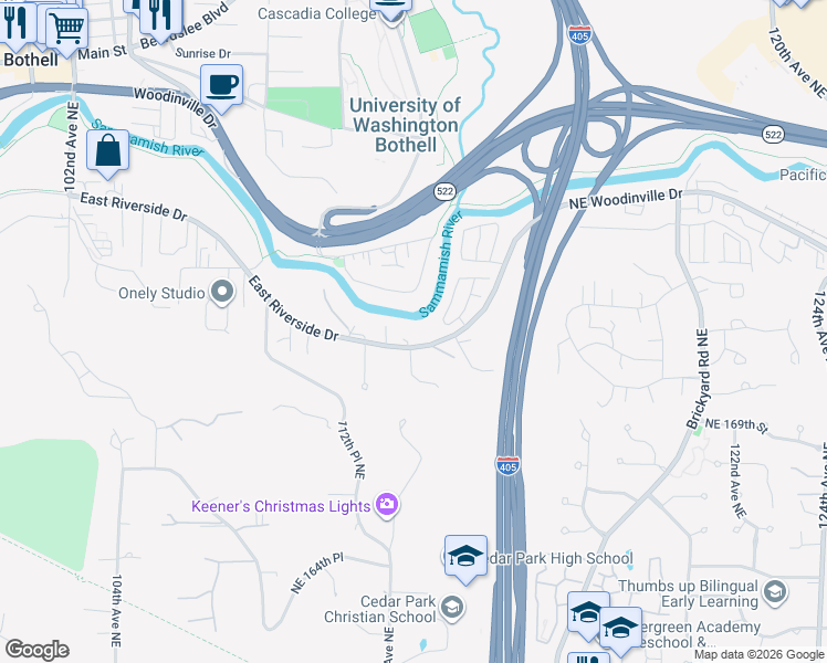 map of restaurants, bars, coffee shops, grocery stores, and more near 11227 East Riverside Drive in Bothell