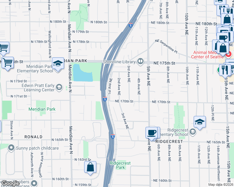 map of restaurants, bars, coffee shops, grocery stores, and more near 17010 2nd Avenue Northeast in Shoreline