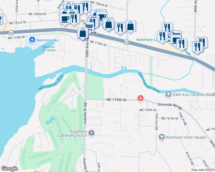 map of restaurants, bars, coffee shops, grocery stores, and more near 7008 Northeast 170th Street in Kenmore