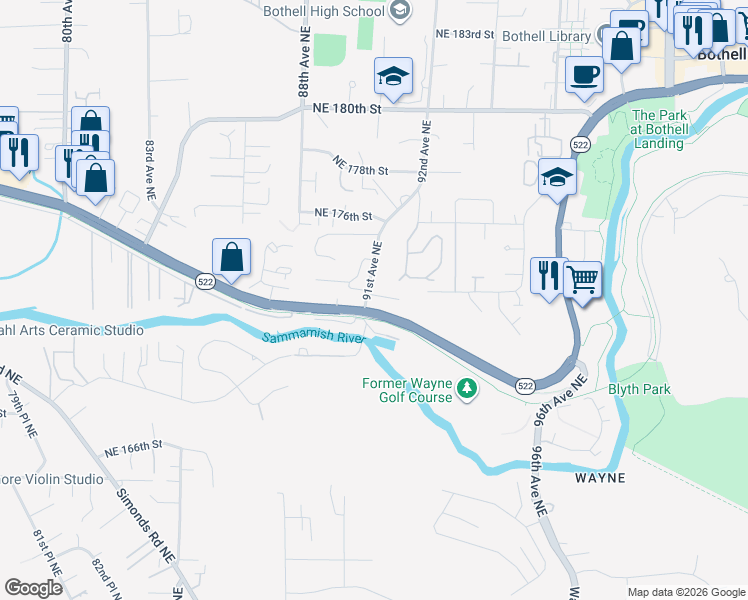 map of restaurants, bars, coffee shops, grocery stores, and more near 17300 91st Avenue Northeast in Bothell