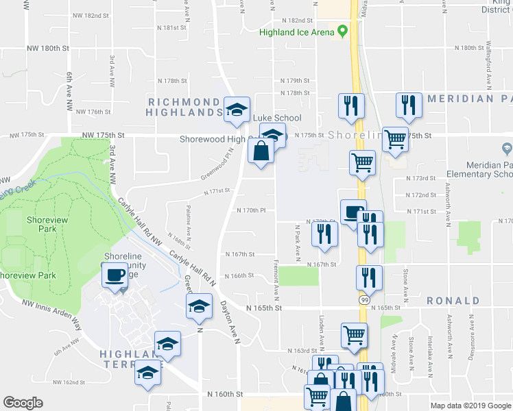 map of restaurants, bars, coffee shops, grocery stores, and more near 536 North 170th Place in Shoreline