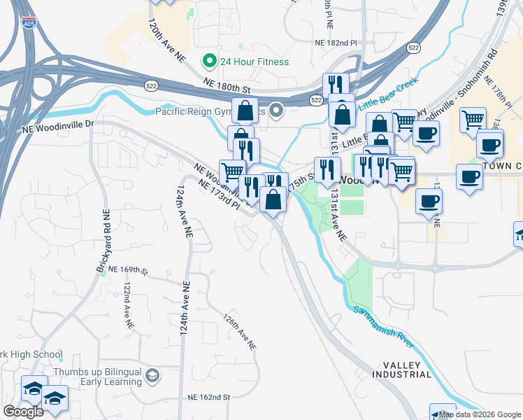 map of restaurants, bars, coffee shops, grocery stores, and more near 18218 Woodinville-Redmond Road Northeast in Woodinville