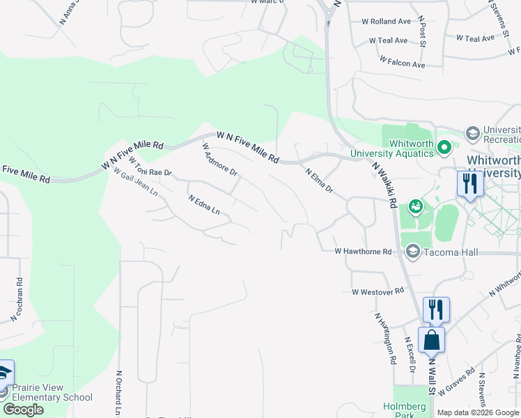 map of restaurants, bars, coffee shops, grocery stores, and more near 10611 North Juanita Road in Spokane