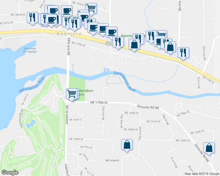 map of restaurants, bars, coffee shops, grocery stores, and more near 7226 Northeast 171st Lane in Kenmore