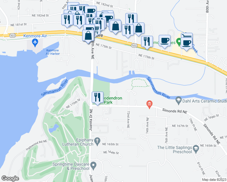 map of restaurants, bars, coffee shops, grocery stores, and more near 7008 Northeast 170th Street in Kenmore