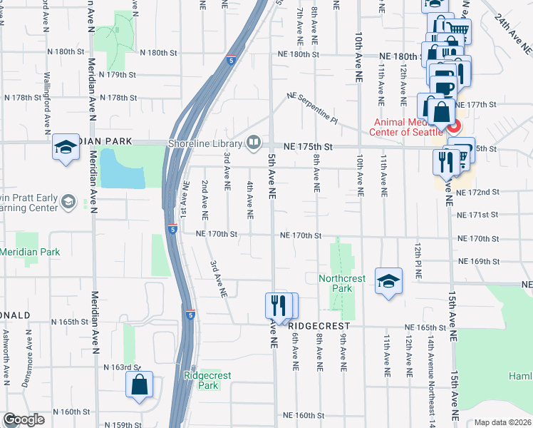 map of restaurants, bars, coffee shops, grocery stores, and more near 17010 4th Avenue Northeast in Shoreline