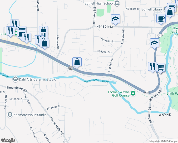 map of restaurants, bars, coffee shops, grocery stores, and more near 8715 Northeast 175th Street in Kenmore