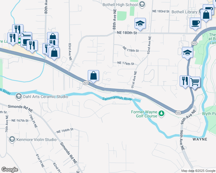 map of restaurants, bars, coffee shops, grocery stores, and more near 8700 Bothell Way Northeast in Bothell