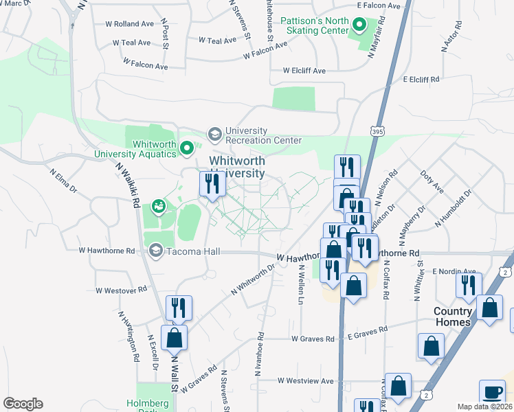 map of restaurants, bars, coffee shops, grocery stores, and more near 300 West Hawthorne Road in Spokane