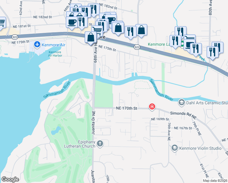 map of restaurants, bars, coffee shops, grocery stores, and more near 17099 70th Avenue Northeast in Kenmore