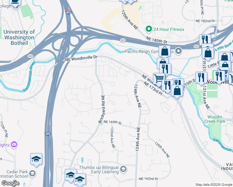 map of restaurants, bars, coffee shops, grocery stores, and more near 12105 Northeast 171st Place in Bothell