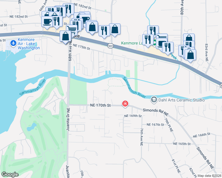 map of restaurants, bars, coffee shops, grocery stores, and more near 7237 Northeast 171st Lane in Kenmore