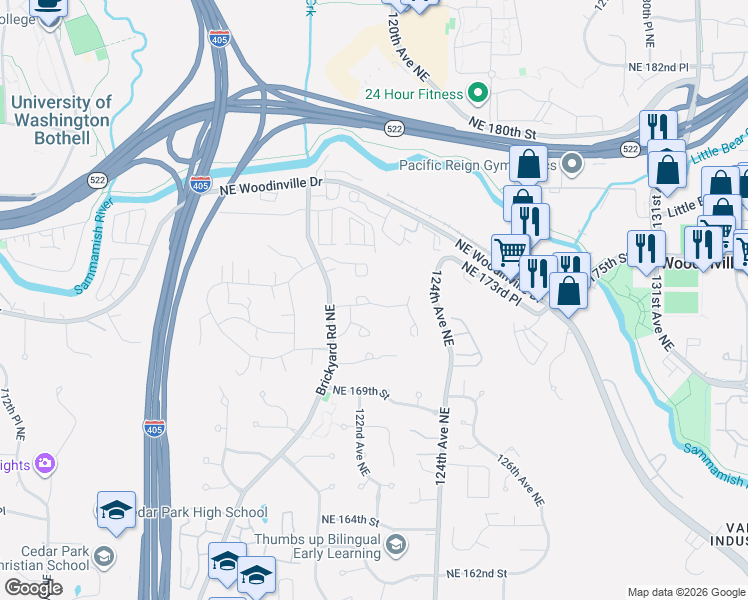 map of restaurants, bars, coffee shops, grocery stores, and more near 12118 Northeast 171st Place in Bothell