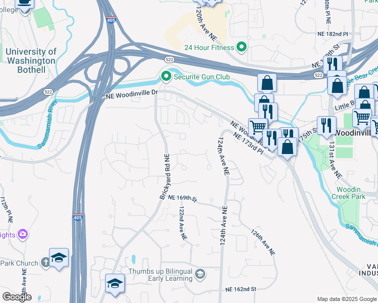 map of restaurants, bars, coffee shops, grocery stores, and more near 12105 Northeast 171st Place in Bothell