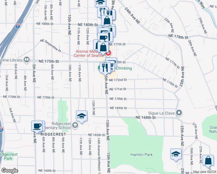 map of restaurants, bars, coffee shops, grocery stores, and more near 1500 Northeast 171st Street in Shoreline
