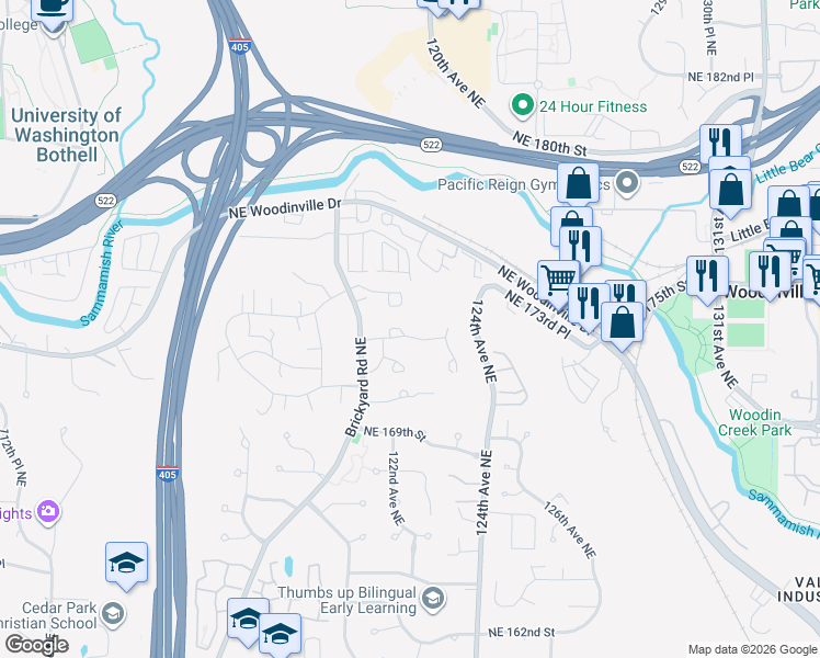 map of restaurants, bars, coffee shops, grocery stores, and more near 12127 173rd Northeast Drive in Bothell