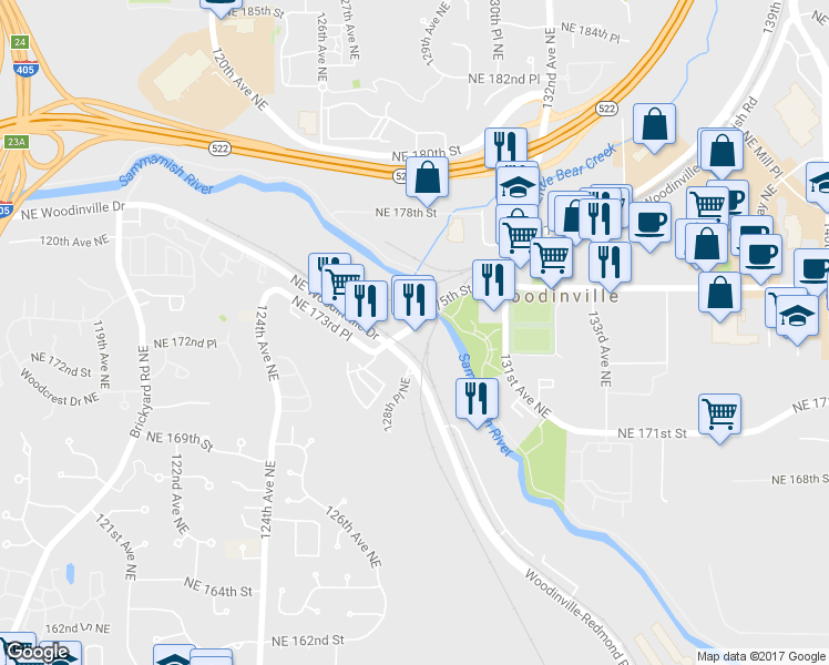 map of restaurants, bars, coffee shops, grocery stores, and more near 12899 Northeast 175th Street in Woodinville