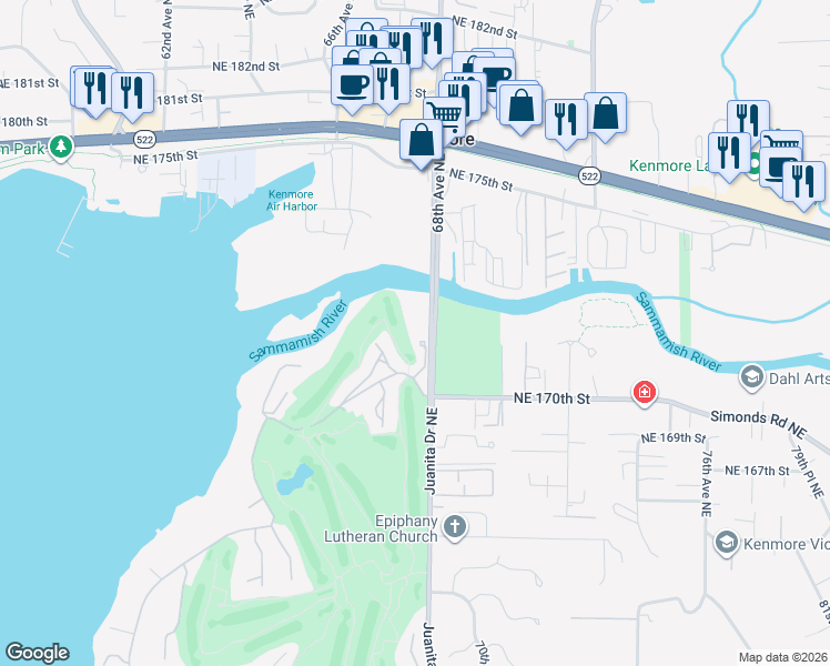 map of restaurants, bars, coffee shops, grocery stores, and more near 17001 Inglewood Road Northeast in Kenmore