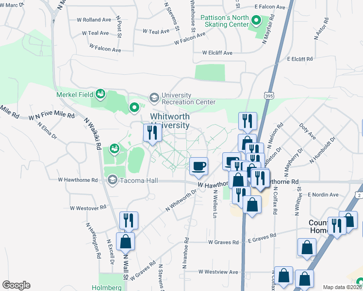 map of restaurants, bars, coffee shops, grocery stores, and more near 300 West Hawthorne Road in Spokane