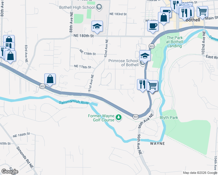 map of restaurants, bars, coffee shops, grocery stores, and more near 17364 92nd Avenue Northeast in Bothell