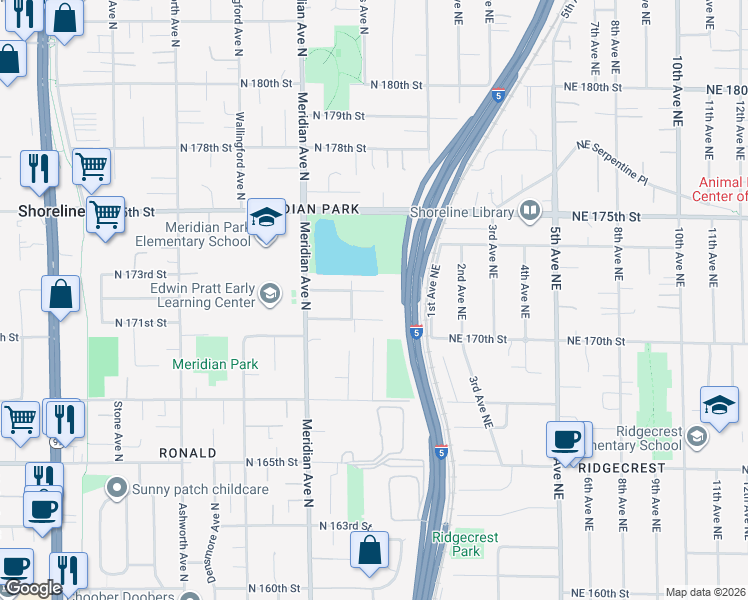 map of restaurants, bars, coffee shops, grocery stores, and more near 2304 North 172nd Street in Shoreline