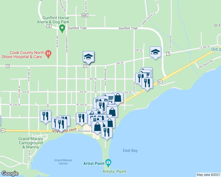 map of restaurants, bars, coffee shops, grocery stores, and more near 11 3rd Street in Grand Marais
