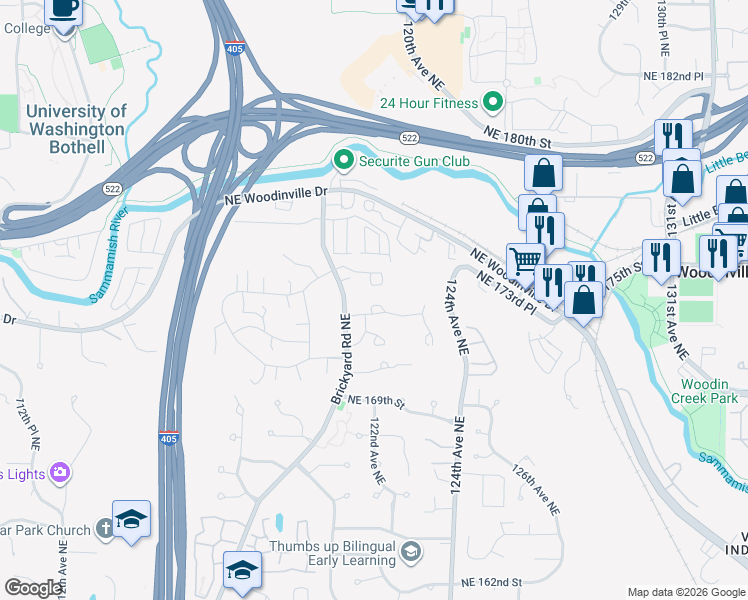 map of restaurants, bars, coffee shops, grocery stores, and more near 12113 Northeast 172nd Place in Bothell