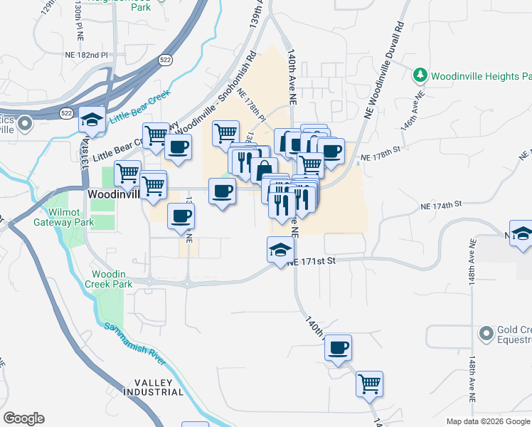 map of restaurants, bars, coffee shops, grocery stores, and more near 17321 139th Avenue Northeast in Woodinville